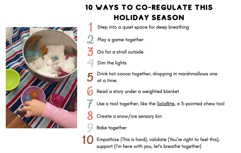 10 Ways to Co-Regulate with Kids A child's hand plays in a sensory bin, also featuring a list of 10 tips to help co-regulate