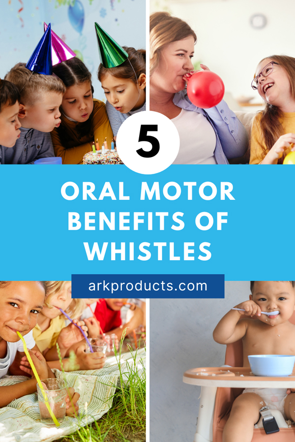 Grid of four photos showing the skills that whistles can support, including straw drinking, spoon feeding, and blowing candles or balloons