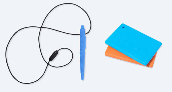 Royal blue chewable pen necklace on the left and a blue and orange stack of chewable business cards on the right