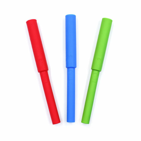 Hollow Bite Tube for Chewing and Biting Skills Red, royal blue, and lime green hollow smooth Bite Tubes side by side