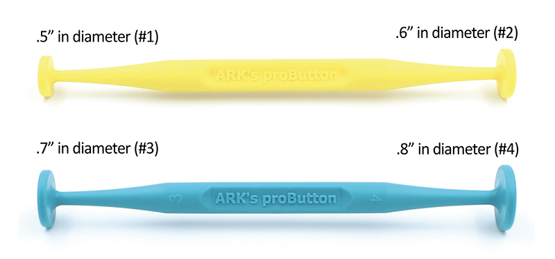Button Pull Lip Closure Activity Side view of the proButton set with the 4 different button diameter sizes labeled from smallest to largest