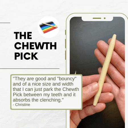 Moving gif bending the tan Chewth Pick showing how soft, pliable, and slender this chew tool is and a snippet of the testimonial below