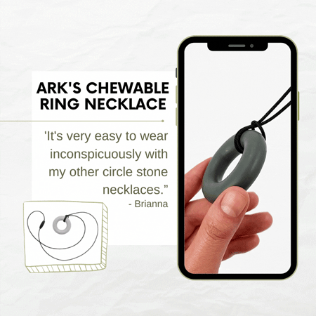 Moving gif of the dark grey Chewable Ring necklace and a preview of the testimonial below.