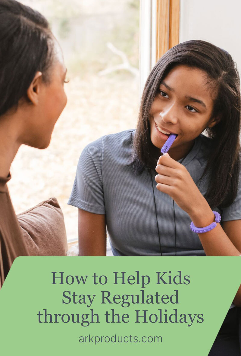 How to Help Kids Stay Regulated through the Holidays Teenager sits next to her mom, chewing on an ARK Krypto-Bite chew necklace