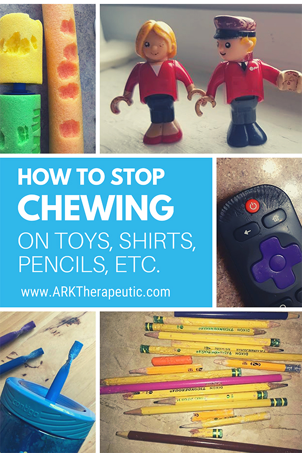 A grid of items that have been chewed on including pool noodles, toys, remotes, straws, and pencils