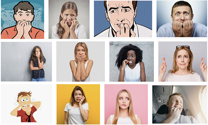 A screenshot of google image search results for the phrase "nervous" that shows everyone biting on their nails and/or fidgeting with their mouth