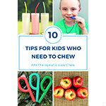 A grid of photos capturing helpful tips for the need to chew, including eating crunchy foods, using a chew tool, and drinking through a straw