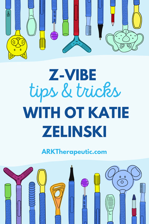 Z-Vibe Tips & Tricks with Occupational Therapist Katie Zelinski Illustrations of a variety of Z-Vibe tip attachments with text: Tips & Tricks with OT Katie Zelinski