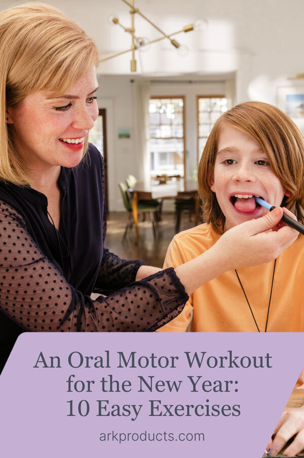 An Oral Motor Workout for the New Year: 10 Easy Exercises A parent works on chewing skills with her son the Z-Vibe and Bite-n-Chew Tip