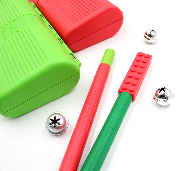 Oral Sensory Stocking Stuffer Ideas The Z-Vibe with Brick Tip, Bite-n-Chew Tip, and storage cases in festive colors