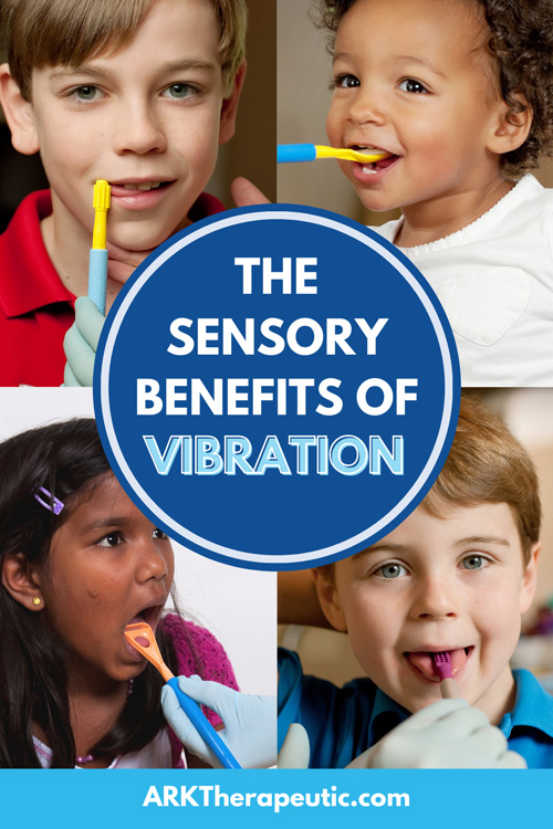 The Sensory Benefits of Vibration: Learn from an Occupational Therapist A grid of four different Z-Vibe tip attachments being used with different kids and the title: The Sensory Benefits of Vibration
