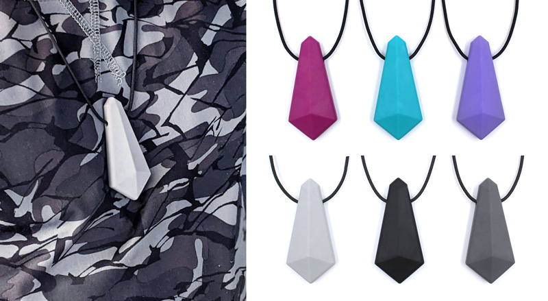 On the left: a closeup of the light grey Chewel necklace pendant on a camo shirt background.  On the right: six colors of the necklace displayed in two rows.