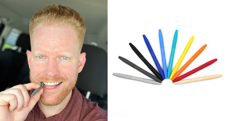 On the left, a man chews on the dark grey Textured Chewth Pick in his car; on the right: a photo of all colors fanned out showing the different options