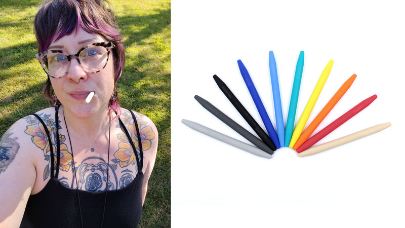 On the left, a woman chews on the light grey Chewth Pick; on the right: a photo of all colors fanned out showing the different options