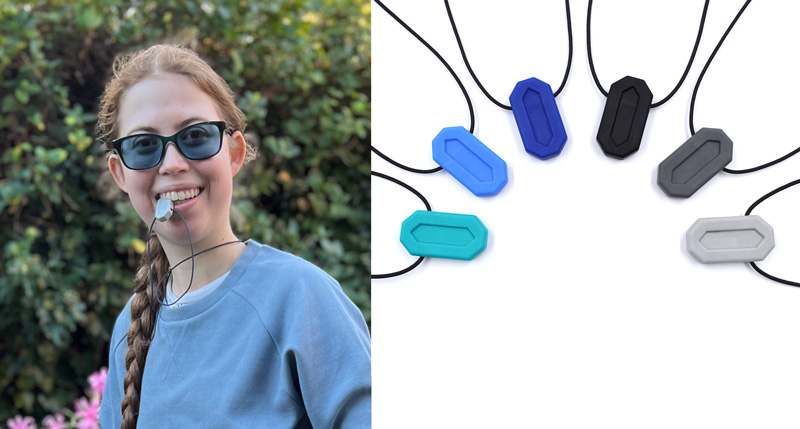 On the left: a woman chews on the light grey MiniBite.  On the right: a fanned out view of 6 color options.