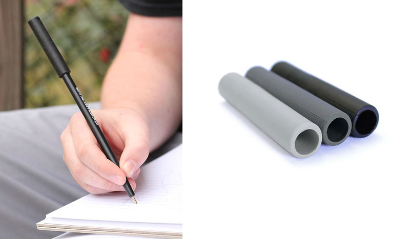 On the left: a closeup of an individual writing with the chewable pen topper.  On the right: a view of the color options from the side.