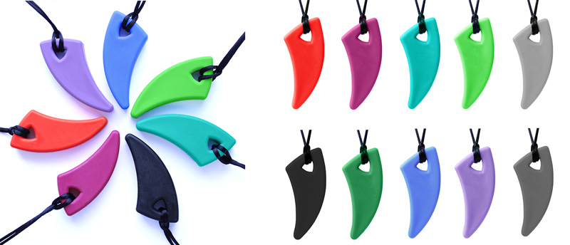 On the left: various colors of the Saber Tooth necklace in display in a circle.  On the right: single colors lined up in two rows.