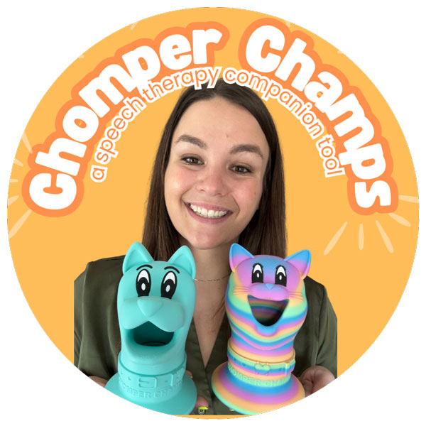 Bio picture of the author holding two of her products - the cat and dog Chomper Champs