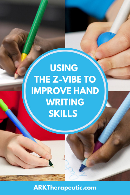 Improving Handwriting Skills with Vibration Grid of photos of the Tran-Quill vibration pen, pencil, and crayon closeup view with text: Using the Z-Vibe to Improve Handwriting Skills